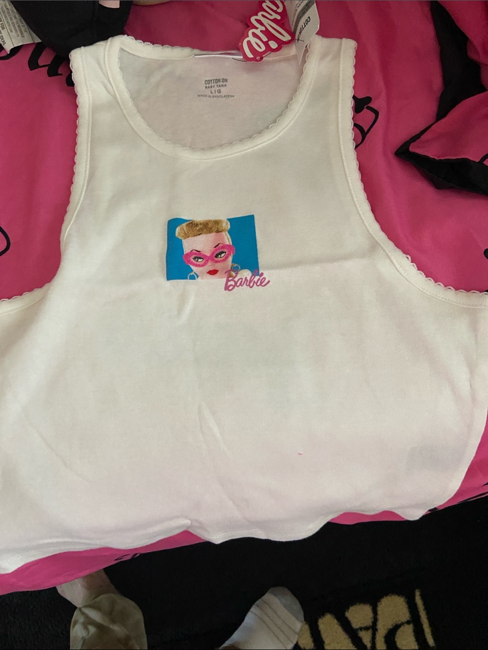 Barbie White Tank with Pink Mask and Blue Square Graphic